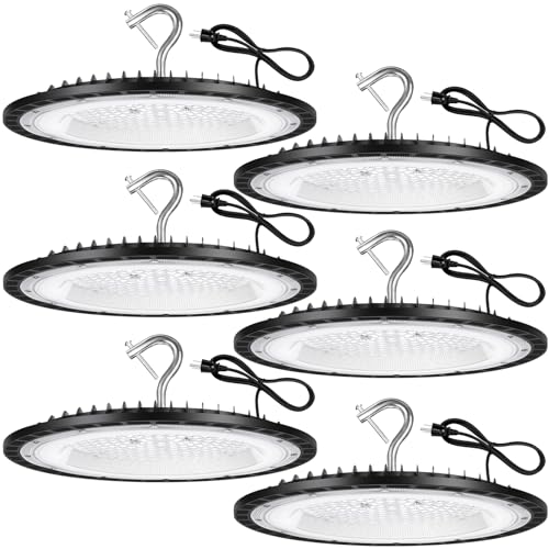 YANYCN 6 Pack 150W UFO Led High Bay Light Fixture,5000K Daylight Commercial Shop Bay Lighting,120VAC,21000LM,[650W MH/HPS Equiv.] US Plug Area Lighting for Garage/Warehouse/Barn/Gym/Factory/Workshop