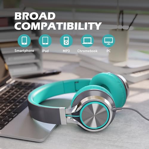 Image of AILIHEN C8 Wired Headphones with Mic and Volume Control - Noise Isolating On-Ear Headphones, Folding Lightweight Corded 3.5mm Headset for Cellphones Tablets Chromebook Laptop Computer (Grey /Mint)
