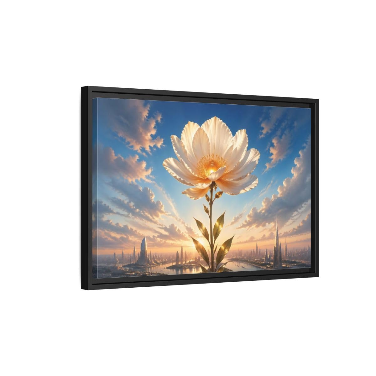Science Fiction Golden Flower White and Framed Canvas Wall Art - Living Room Decor, Above Couch 24×16 inch (60×40 cm) - Horizontal/Black / 1.25 inch (3 cm)