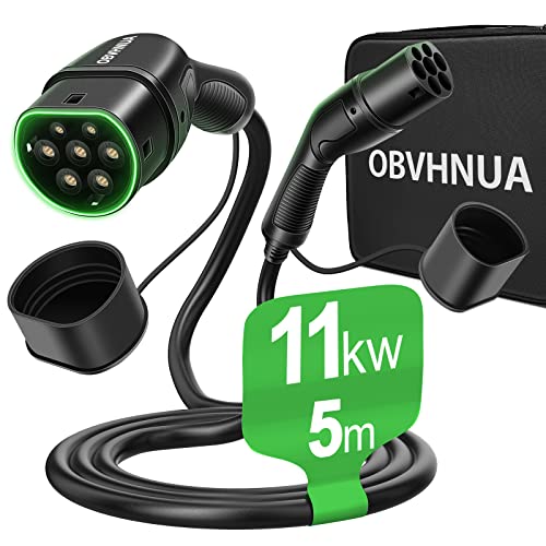 OBVHNUA Typ 2 Ladekabel 11KW Ladekabel 3 Phasen 16A 5m Ladekabel IP55 Wasserdicht mit Tragetasche und Mikrofasertuch Geeignet für alle Elektrofahrzeuge gemäß IEC 62196-2