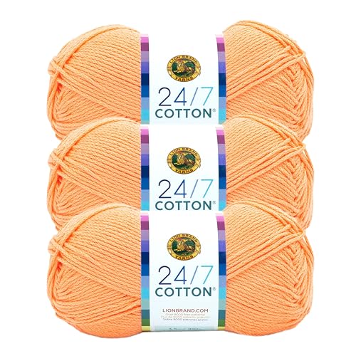 Image of Lion Brand 24 /7 Cotton Yarn, Yarn for Knitting, Crocheting, and Crafts, Creamsicle, 3 Pack | Light Worsted 100% Mercerized Cotton Yarn for Crochet, Knitting, Craft, 185 Yards of Natural Fiber for Tees, Bags, Dishcloths
