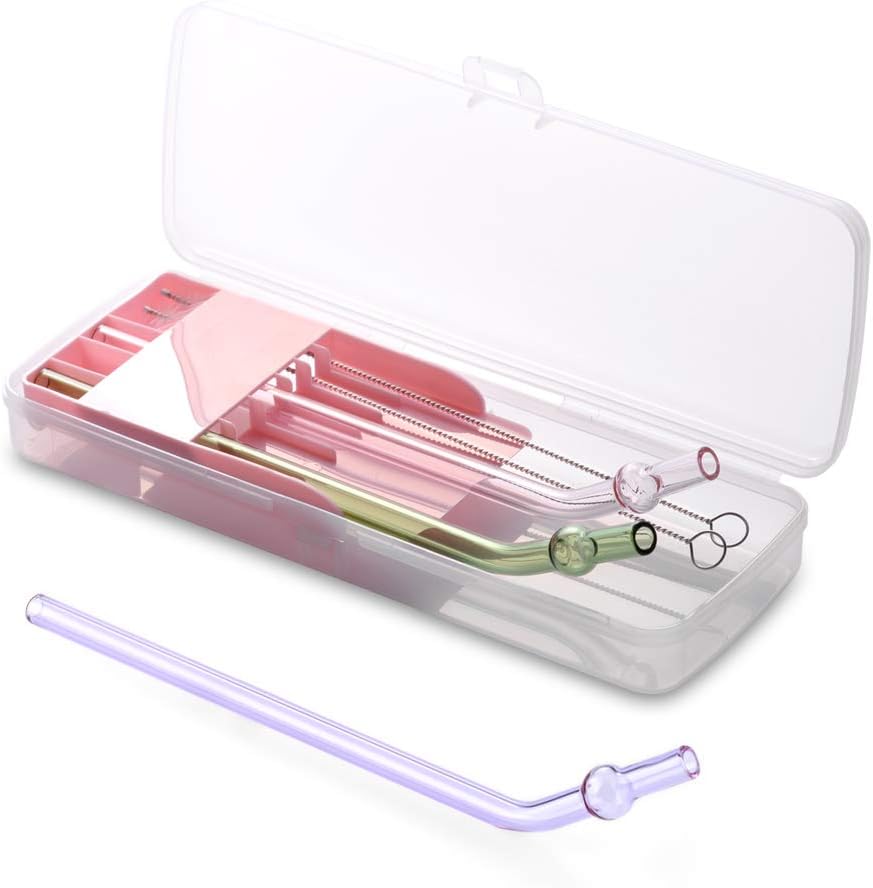 Private Glass Straws, Reusable Drinking Straw (Storage Case + Cleaning Brush) Keep Sipper Healthy for Milkshakes, Smoothies, Coffees, Cocktail Drinks. (Bent, Set of 3)