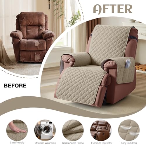 Image of KinCam 100% Waterproof Recliner Chair Cover, Reclining Couch Covers for Pets, Dogs, Recliner Couch Slipcover Furniture Protector with Elastic Straps for Kids(30 inch, Khaki)