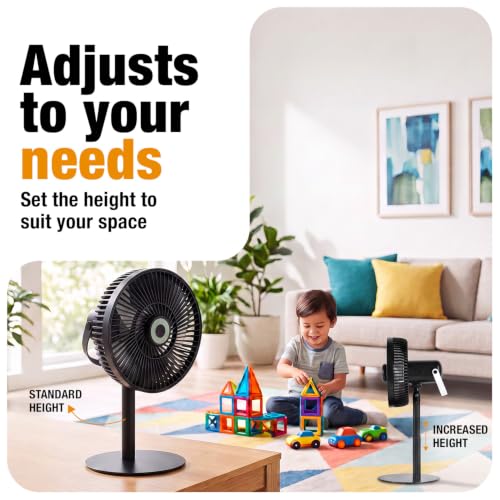 Image of Lumo Rechargeable Table Fan for Home | Portable Battery Fan with 6000 mAh Battery | 4 Speed Modes, 180 Rotation, Adjustable Height | Magnetic Remote & LED Light, Type-C Charging | Black