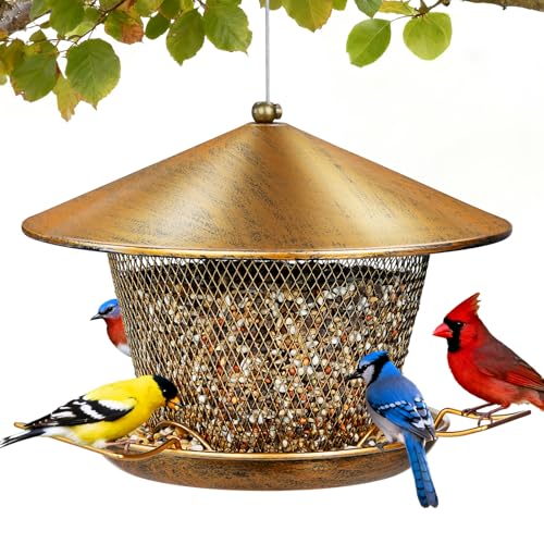 Samhe Metal Bird Feeder for Outdoor Hanging, Heavy Duty Waterproof Bird Feeder for Outside with 9.8' Roof, 3.5 LBs Seeds Capacity, Easy to Fill & Clean