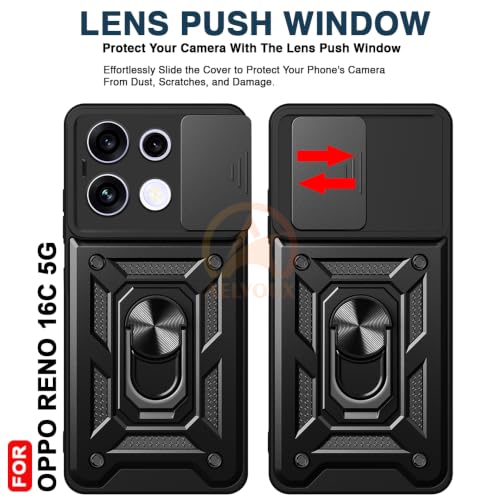 Image of Armor Bumper Back Cover Case for Oppo Reno 16C 5G Rotating Camera Cover, Ring Holder & Kickstand | Heavy Duty & 360 Degree Protection Back Cover for Oppo Reno 16C 5G (Black)