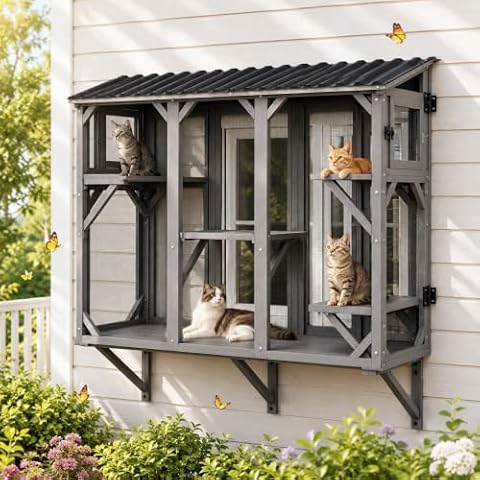 Garvee 70" Window Catio Cat Enclosure, Outdoor Wood Cat House, Grey — $149.99 (6% off)