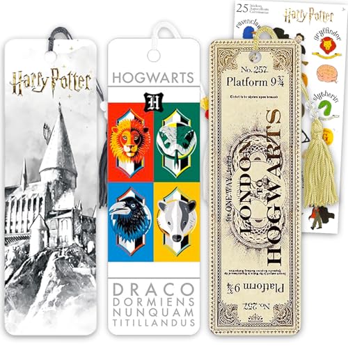 Harry Potter Bookmark Set - Bundle with 3 Bookmarks Featuring Book Covers Hogwarts Castle More Plus Stickers | Harry Potter School Supplies for Boys Girls Kids