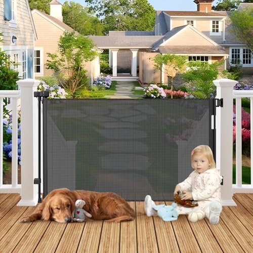 Weatherproof Outdoor Retractable Gate for Dogs with No Rust Stainless Steel Screws and Rods, 55' Wide Waterproof Retractable Baby Gates, Scratch-Resistant Mesh Safety Outdoor Pet Gate for Deck, Black