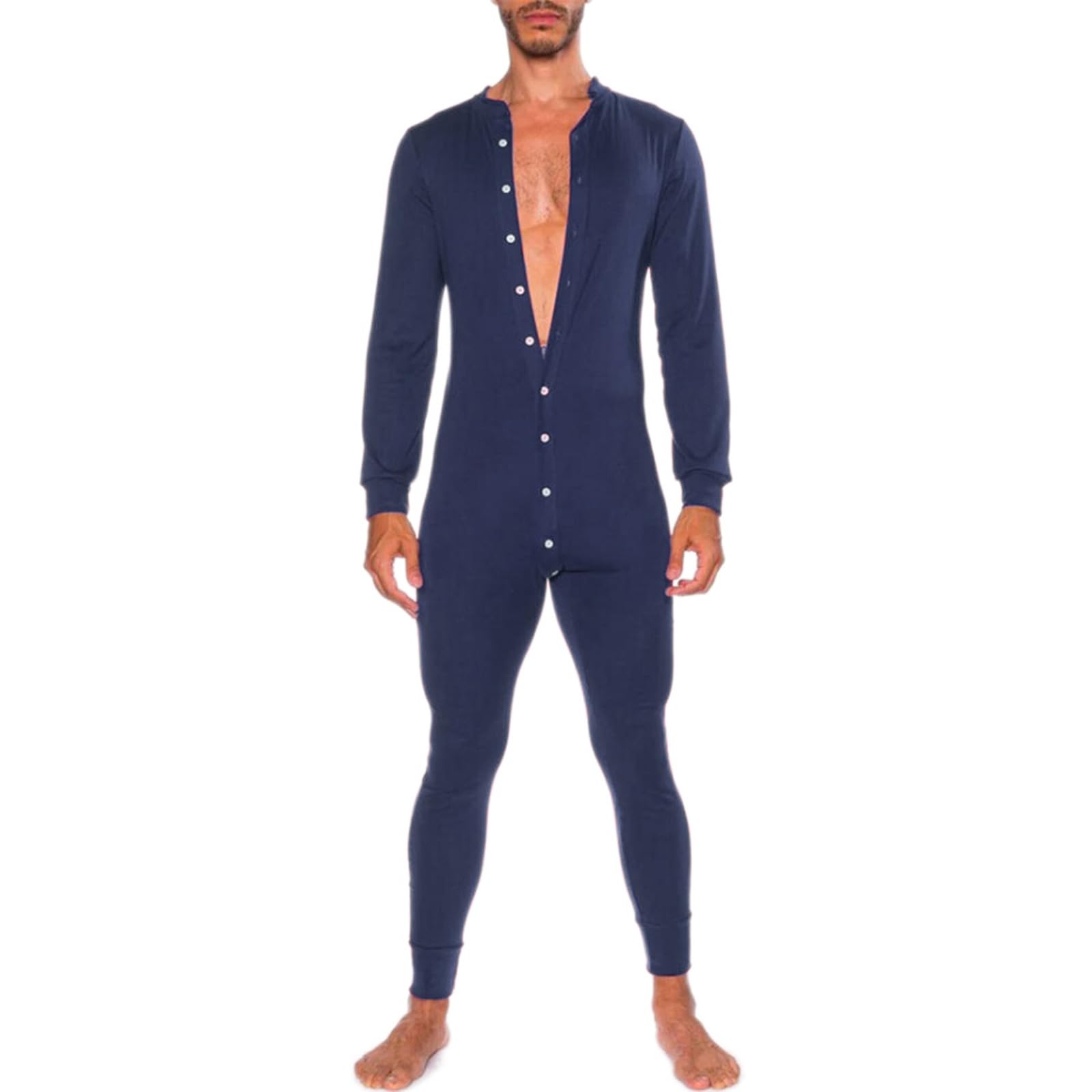 Men's Solid Color Sexy Jumpsuit Stylish Slim Fit VNeck Long Sleeve OnePiece Home Wear