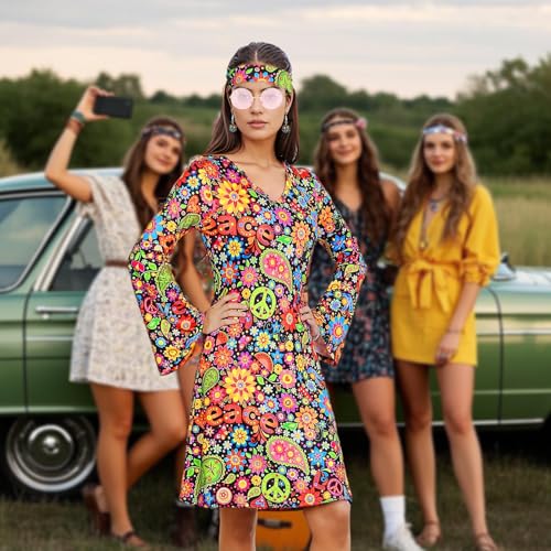 Robes discothèques rétro et déguisement de carnaval sur le thème hippie 5 pièces - 3