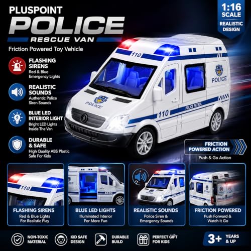 Image of PLUSPOINT Police Van for Kids Friction Powered with Lights Sirens and Sounds Rescue Emergency City Cop Vehicle Push and Go Pursuit Swat Toy Pretend Play Great Gift for Boys Girls (Police)
