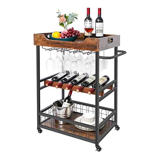 X-cosrack Bar Cart with Wine Rack, Mobile Bar Carts for The Home, Kitchen Serving Cart with Storage and Glass Holder, Removable Wood Tray, Industrial Wine Cart on Wheels with Handle, Brown
