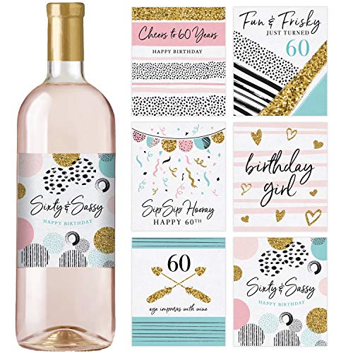 60th Birthday Wine Bottle Labels, Set of 6 Waterproof Labels, Birthday Gifts For