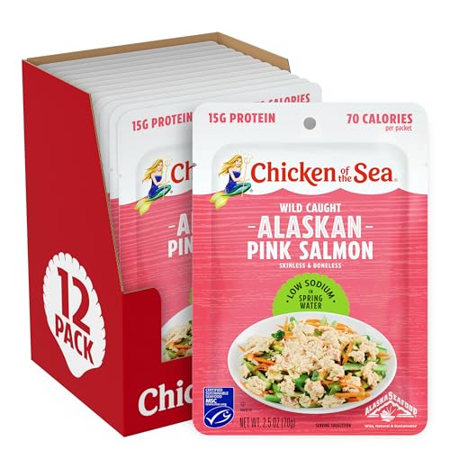 Chicken of the Sea Alaskan Pink Salmon, 2.5 oz. Packets (Box of 12), Wild Caught Salmon, Skinless & Boneless, Low Sodium