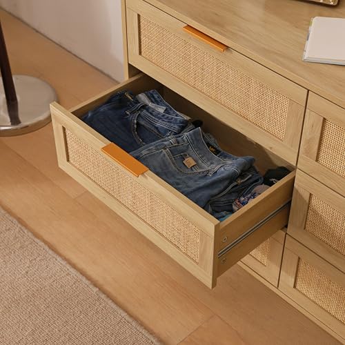 FUQARHY Rattan Dresser for Bedroom, Modern 6 Drawer Double Dresser with Gold Handles, Wood Storage Chest of Drawers fo Bedroom,Living Room,Hallway (Natural) - Image 3