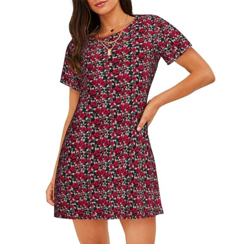Chemise de nuit respirante à manches courtes pour femme et vêtement de nuit imprimé roses