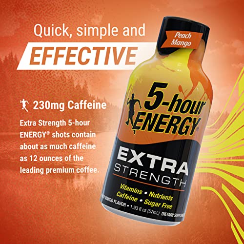 5-Hour Energy Extra Strength Energy Shot | Peach Mango Flavor | 1.93 Oz. | 24 Count | Sugar-Free & Zero Calories | B-Vitamins & Amino Acids | 230Mg Caffeinated Energy Shot | Dietary Supplement #TOP5