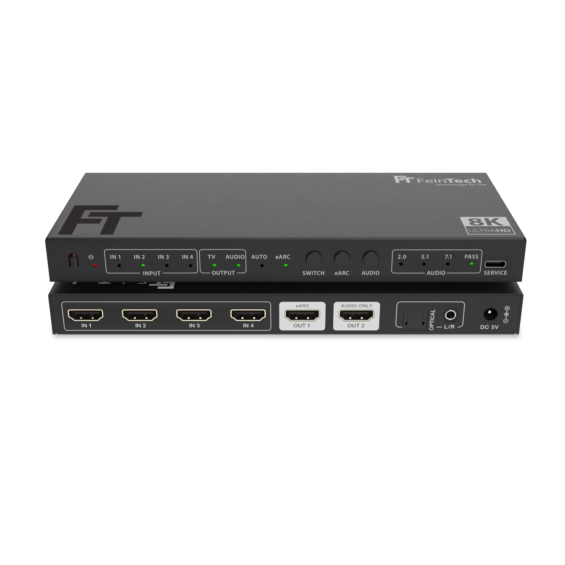 FeinTech SW411 Commutateur HDMI 2.1 4 en 1 avec extracteur audio pour systèmes audio avec entrée HDMI, Toslink et AUX, prend en charge 4 K 120 Hz et 8 K