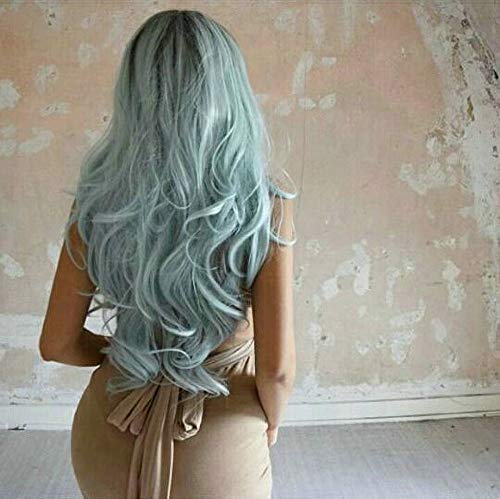 Heat Resistant Fiber Wavy Dark Roots Ombre Pastel Blue Mermaid Color Long Women Hair Blue Synthetic Lace Front Wigs Darg Queen Wig Half Hand Tied Natural Look Soft Hair 24 inch