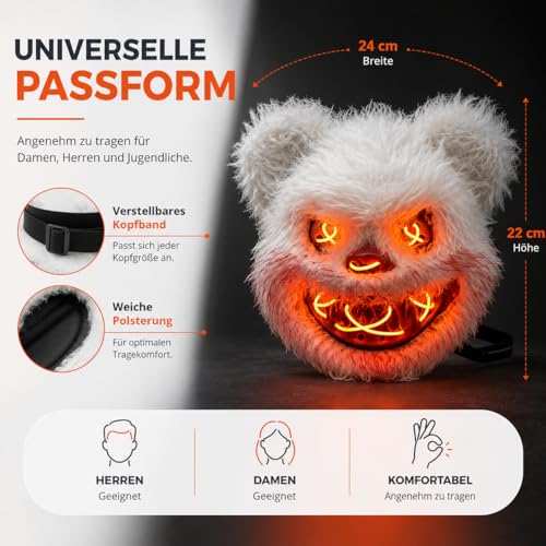 TK Gruppe Timo Klingler Maska LED Teddy Halloween – sterowana jak z czystości, świecąca twarz, na Halloween, karnawał i karnawał jako kostium dla mężczyzn i kobiet (wybór koloru)