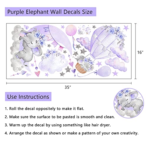 Yovkky Girls Purple Elephant Wall Decals Stickers, Moon Cloud Hot Air Balloon Flower Grey Stars Nursery Decor, Baby Shower Bedroom Decorations Toddler Kids Room Art Party Supply Gift #TOP1