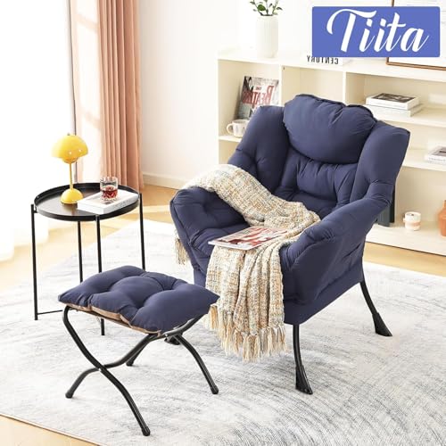 Image of Tiita Modern Large Accent Chair with Ottoman, Navy, Comfy Leisure Sofa Armchair with Ottoman, Reading Chair with Footrest for Bedroom, Living Room, Dorm Rooms