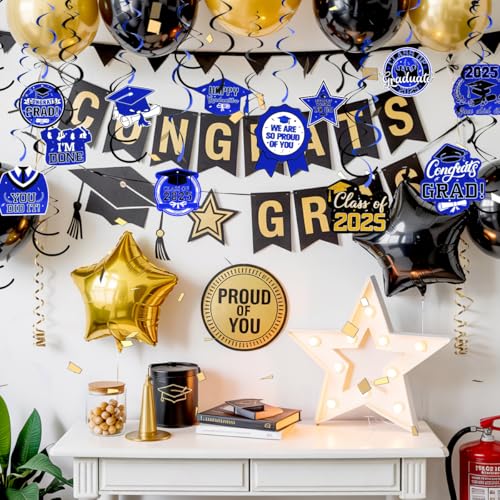 Image of Graduation Hanging Swirls, Graduation Decorations Class of 2025, 30 PCSBlue and Black Graduations Party Decoration Congrats Grad Hanging Swirls Ceiling Streamers for School Graduations Party Supplies