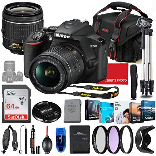 Nikon Intl. D3500 DSLR Camera with 18-55mm Lens Bundle + Premium Accessory Bundle Including 64GB Memory, Filters, PhotoVideo Software Package, Shoulder Bag & More