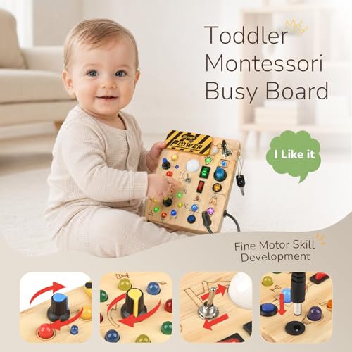 Image of Joyreal Busy Board for Toddlers - Montessori Toys for 1 2 3 Year Old | Wooden Sensory Activity Board with 10 Switches & 19 Lights, Ideal Educational Travel Toy Gift for Boy & Girl Birthday