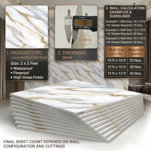 Image of WALLVEAR UV Marble Wall Panel 2x2 Ft PVC High Gloss Sheet, Pack of 16