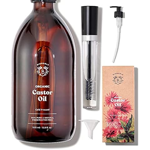 Bionoble Organic Castor Oil 500ml - 100% Pure, Natural and Cold Pressed - Lashes, Eyebrows, Body, Hair, Beard, Nails - Vegan and Cruelty Free - Glass Bottle + Pump + Mascara Kit Cover