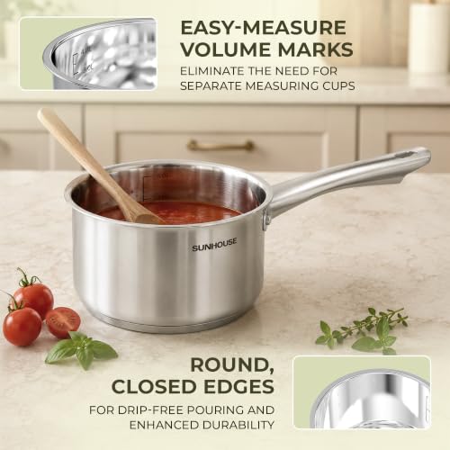 Image of SUNHOUSE 4 QT Stainless Steel Sauce Pan with Lid, Small Pot for Cooking | PFOA-Free Small Sauce Pot for Cooking & Milk Pan - Induction Compatible