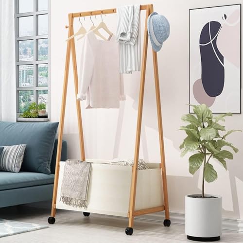 Image of Lukzer Bamboo Garment Rack with Fabric Storage Basket and Wheels | Coat & Clothes Hanging Rail Free Standing Garment Hanging Rails For Home Office Hallway Bedroom (45 x 70 x 162 cm) CH-153