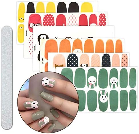 6 Sheets Full Nail Wraps Art Polish Stickers Decal Strips Adhesive False Nail Design Manicure Set With 1Pc Nail Buffers Files For Women Girls