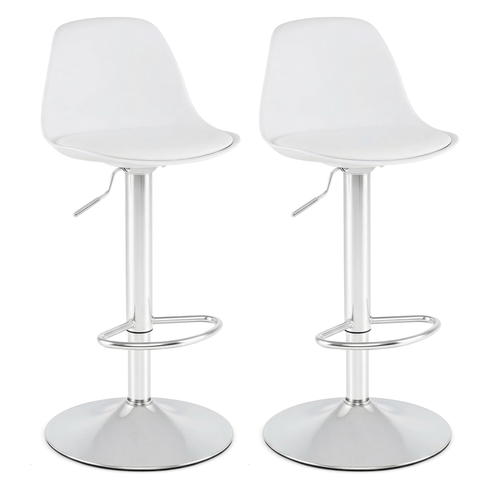 COSTWAY Bar Stools Set of 2, Height Adjustable Swivel Bar Chairs with Faux Leather Seat, Backrest & Footrest, Upholstered Counter High Stools for Home Pub Kitchen Island (White)
