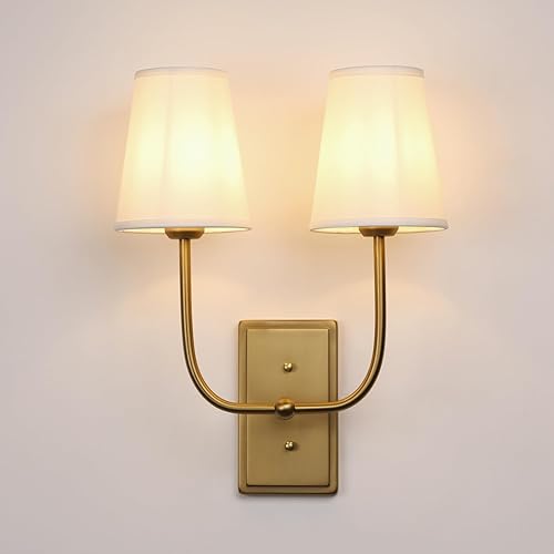 Apliques de pared vintage de 2 luces con embudo de tela blanca, lámpara de tocador de baño de doble cabezal, lámparas de pared interiores para