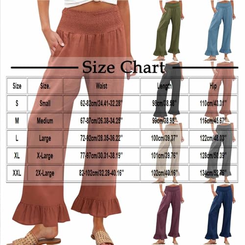 Image of Women Linen Pants Dressy Casual Summer Boho Ruffle Hem Wide Leg Cropped Pants Smocked High Waisted Palazzo Pant