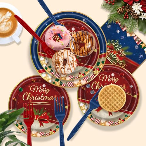 122 PCS Christmas Party Supplies Serve 24 Guests Merry Christmas Plates and Napkins Party Decorations Disposable Dinnerware Set Decor Red and Blue – Image 5