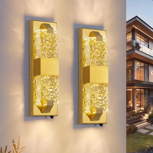 Image of 15.3 inch Dusk to Dawn Outdoor Wall Lights, 12W LED Gold, 2-Pack | IP65 Waterproof, Exterior Crystal Modern Wall Sconce, Ideal for Porch, Hallway, Doorway, Patio