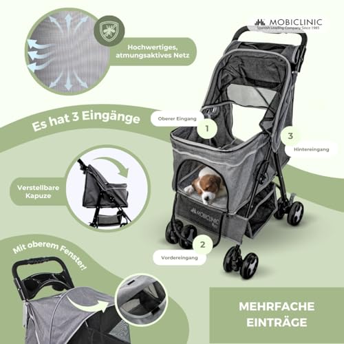 Mobiclinic® pets, Faltbarer hundewagen, Bis zu 15 kg, Ideal für kleine hunde, Zuma, Räder mit 360°-bremsen, Xxl-korb, 3 fenster reißverschluss und moskitonetz, Becherhalter, Grau