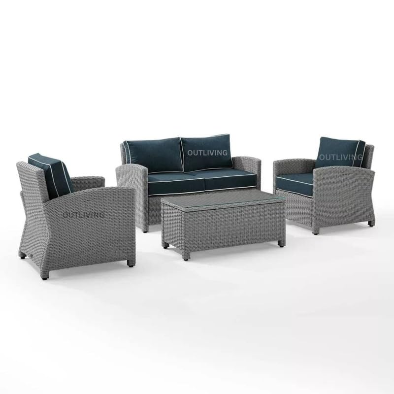 Image of OUTLIVING Rattan and Wicker Indoor Outdoor 4 Seater Sofa Set | 2+1+1 Patio Furniture Set with Cushion and Center Table | Comfortable Sofa Set for Garden Balcony Hall Living Room (Grey and Navy Blue)