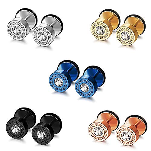 5 Paare Edelstahl Titan Ohrstecker CZ Diamant Ohrringe für Herren Damen Mädchen Männer Ohrringe Stecker Set Tunnel Rund Klein Kristall Zirkonia 5A Schmuck Silber, Schwarz, Blau, Gold, Rose gold - 8MM Cover
