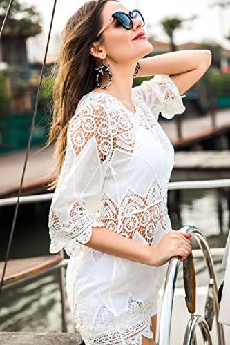 Women's Bathing Suit Cover Up Lace Crochet Tunic Bikini Beach Dress (M, White)3