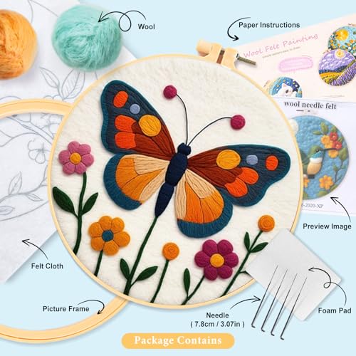 Image of Perycomly Butterfly Needle Felting Kit with Video Tutorial, Needle Felting Set with Needles, Foam Pad, Felt Cloth, Picture Frame, and Instructions