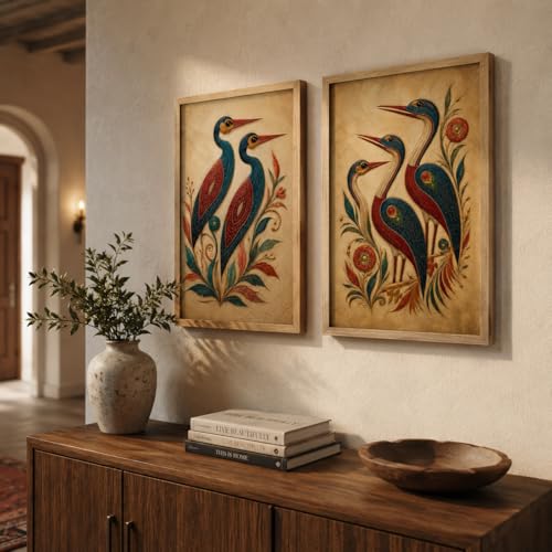 Image of Artify Set of 2 Ethnic Bird Floral Wall Paintings for Living Room Bedroom Hallway Decor with Premium Wooden Color Synthetic Frame
