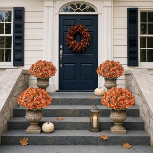 Image of 2Pcs Artificial Fall Azalea Flower Topiary Trees for Porch(Orange)