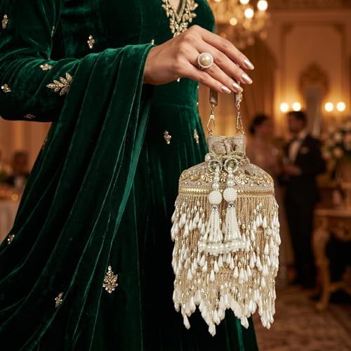 Image of Nevis Silk Fabric Designe Fringe Potli Bag with Pearl Tassels & Beaded Handle | Luxury Ethnic Drawstring Clutch for Wedding