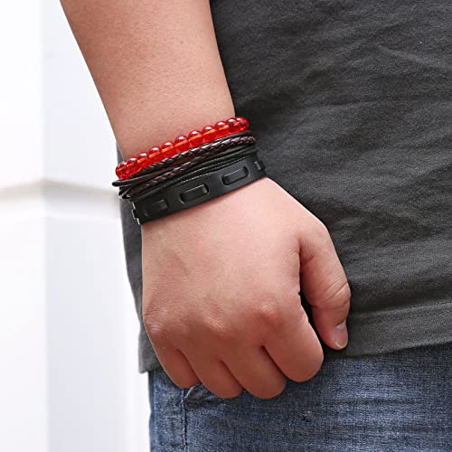 HZMAN Leather Bracelet for Men Women Adjustable Handmade Braided Rope Multilayer Wrap Red Onyx Stone Charm Cuff Bracelet Jewelry Gift by HZMAN - Image 4