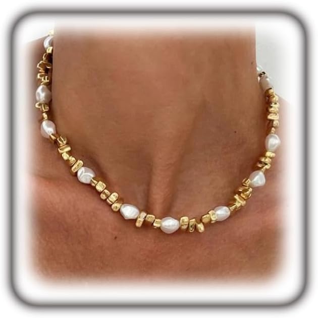 Dainty Gold Pearl Statement Collarbone Necklace for Women,Vintage White Baroque Pearl Beaded Choker,Personalized Trendy Jewelry Accessories Gifts